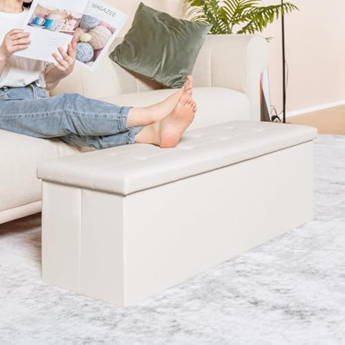Bonlife Folding Storage Ottoman Bench | White Faux Leather Toy Box