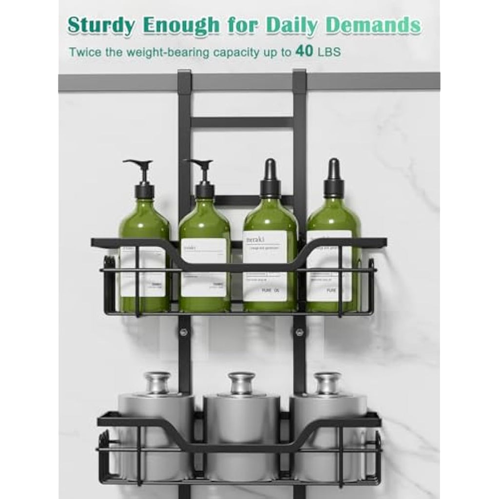 3-Tier Over Door Shower Caddy – Black Stainless Steel Rack