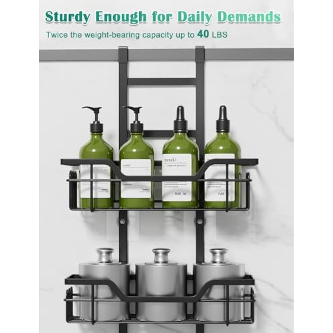 3-Tier Over Door Shower Caddy – Black Stainless Steel Rack