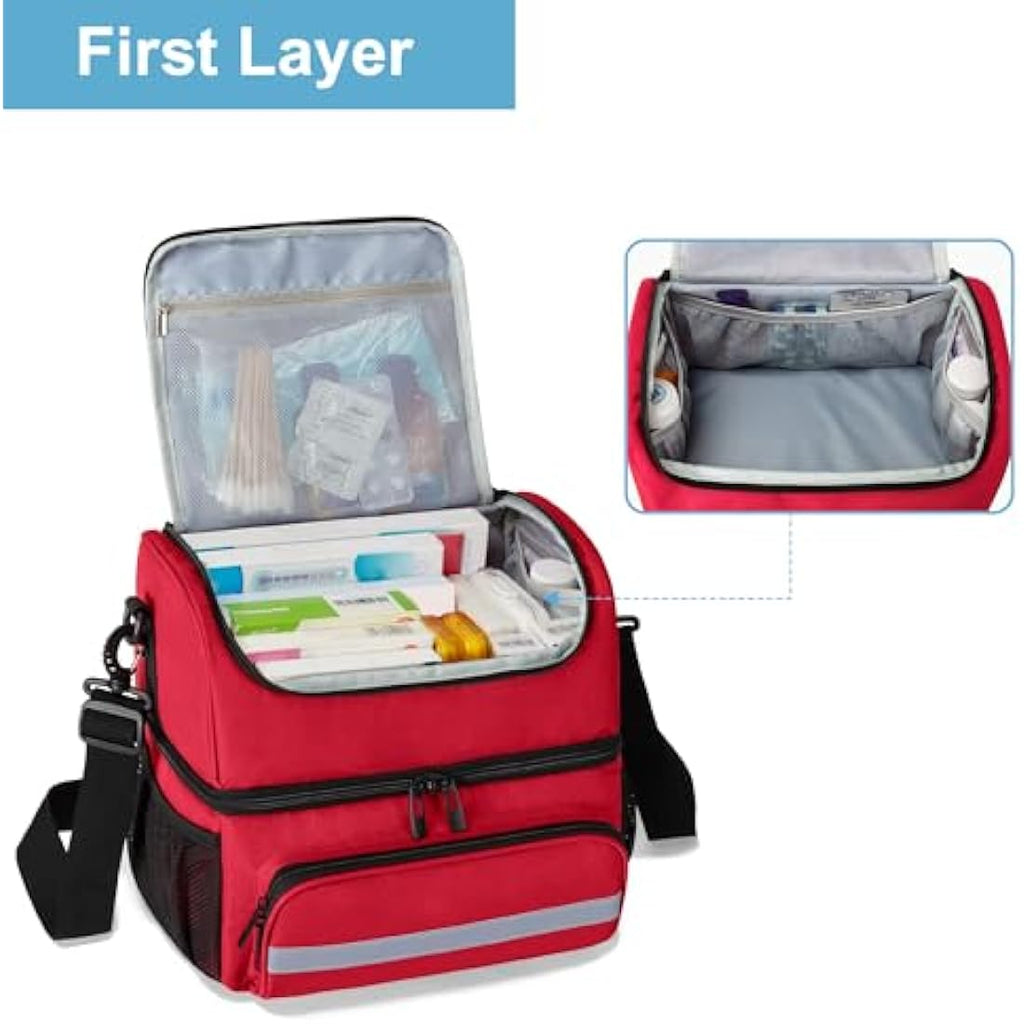 CURMIO Double Layer Medicine Storage Bag | Portable First Aid Organiser, Red