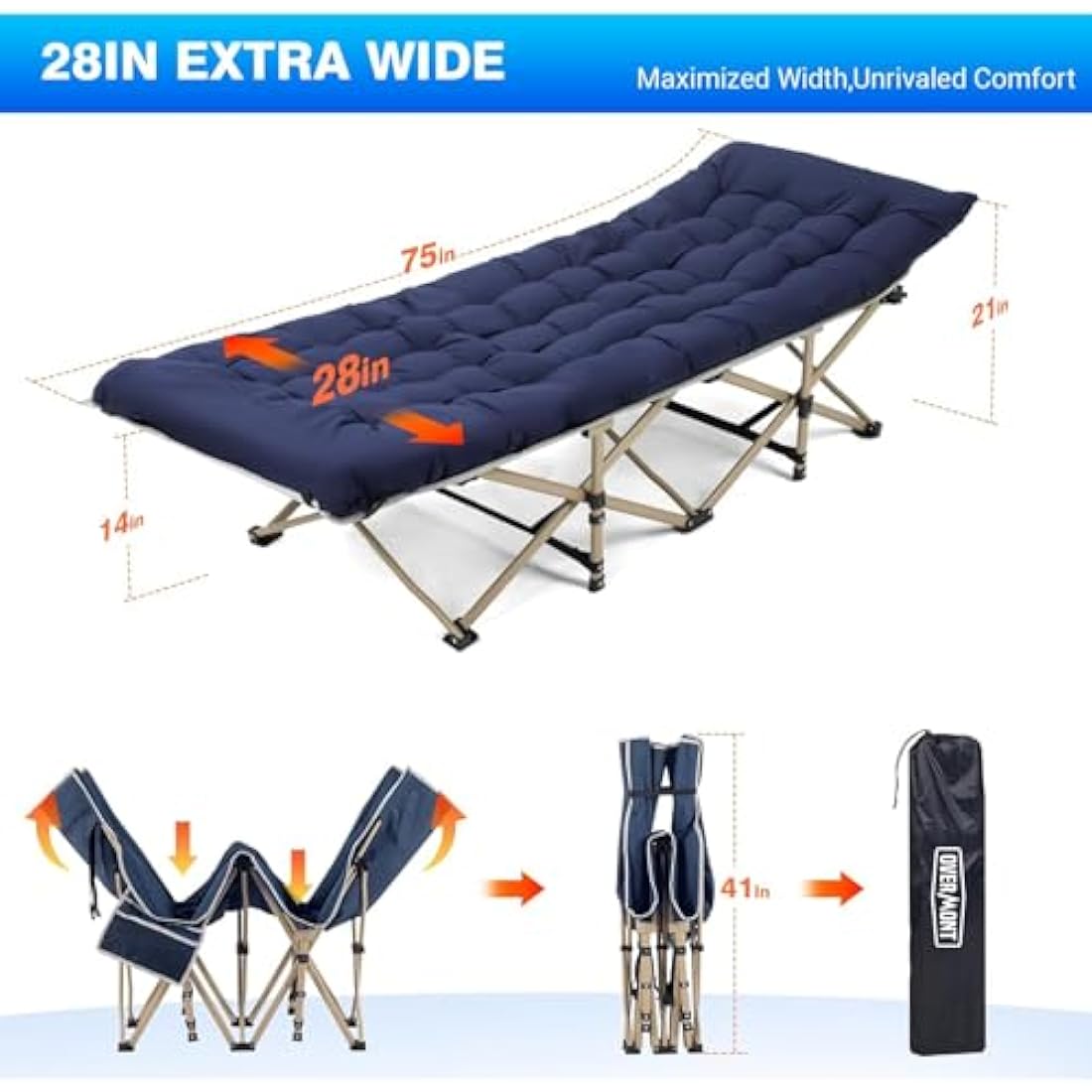 Overmont Heavy Duty Folding Camping Cot | 2400D Oxford Fabric Bed