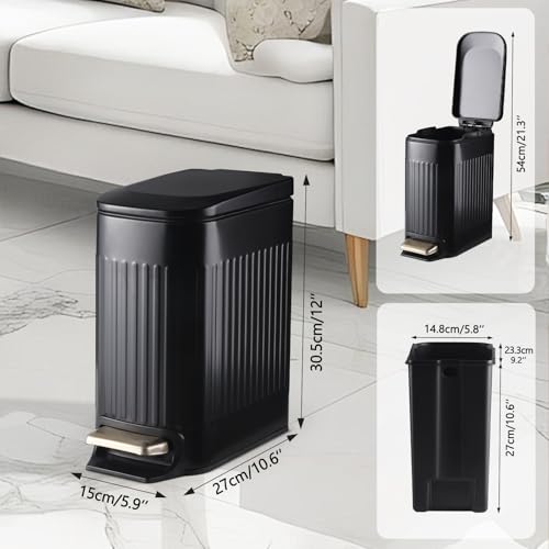 ELPHECO Slim Bathroom Trash Can | 1.8 Gal Matte Black Stainless Steel