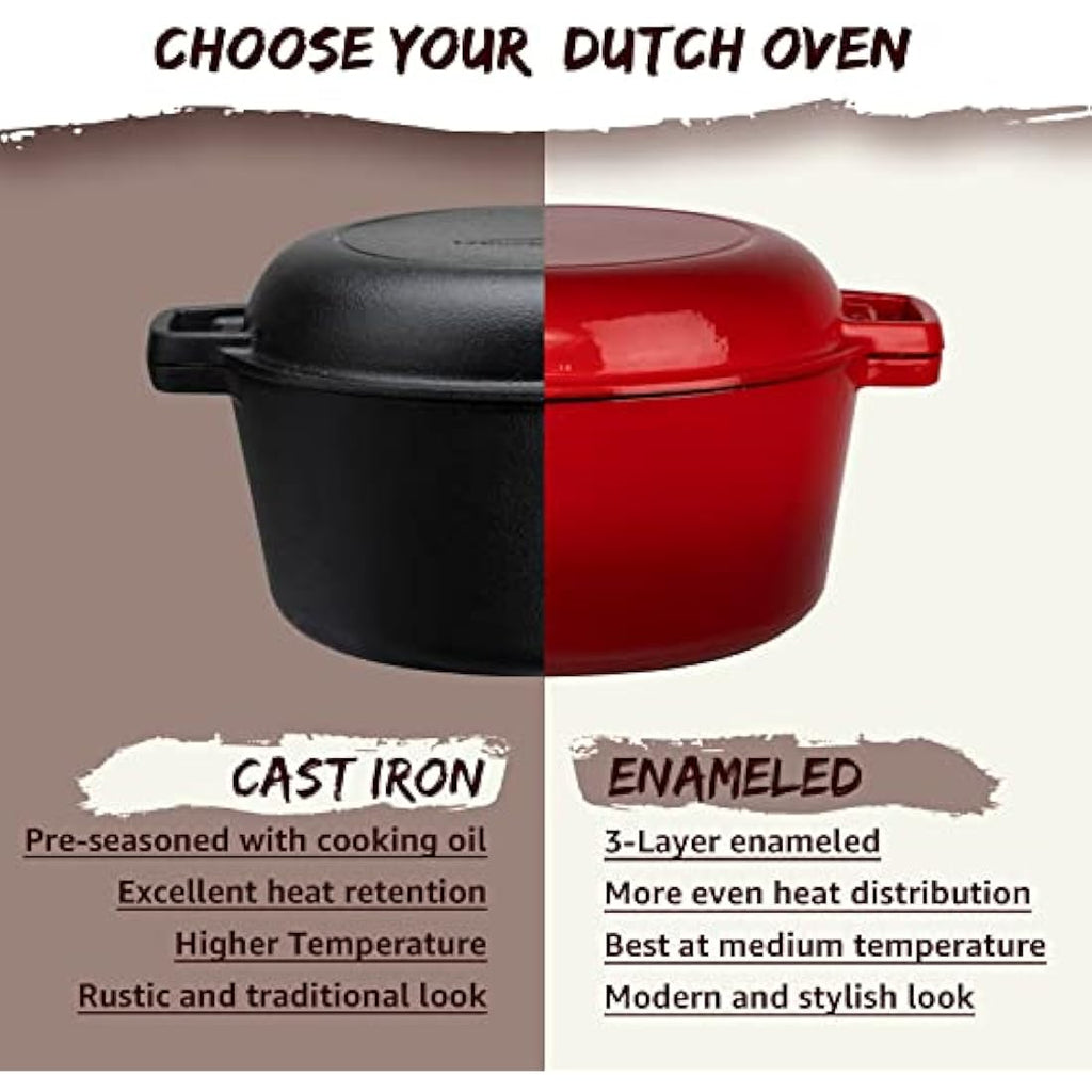 Overmont 5 Quart Enameled Cast Iron Dutch Oven with Skillet Lid