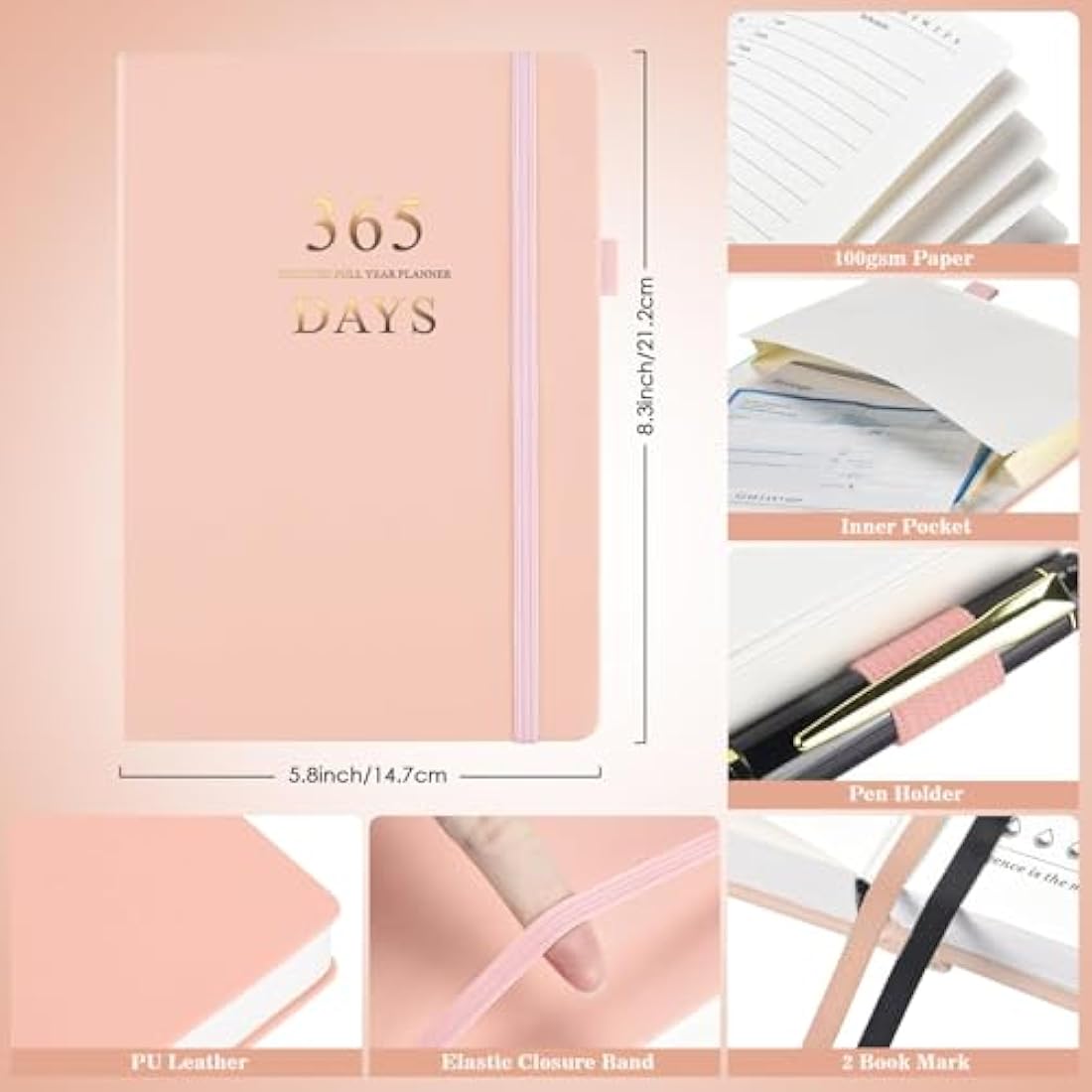 Jolof Store Undated Daily Planner | A5 PU Leather Hourly Agenda, Pink