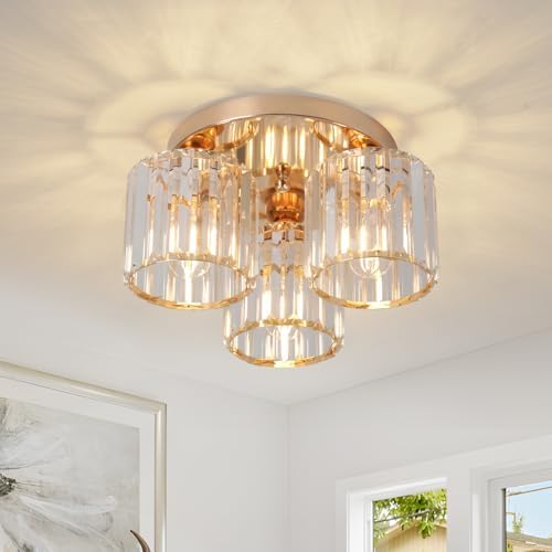 ZYDTRIP Modern Gold Crystal Chandelier – 3-Light Semi Flush Ceiling Fixture