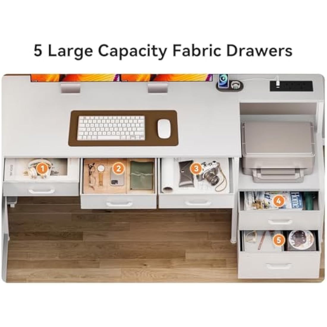 Coleshome L-Shaped Desk with Drawers, LED Lights & Power Outlets - White
