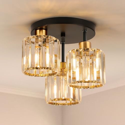 FORCOSO Crystal Ceiling Light – 3-Light Modern Black and Gold Chandelier