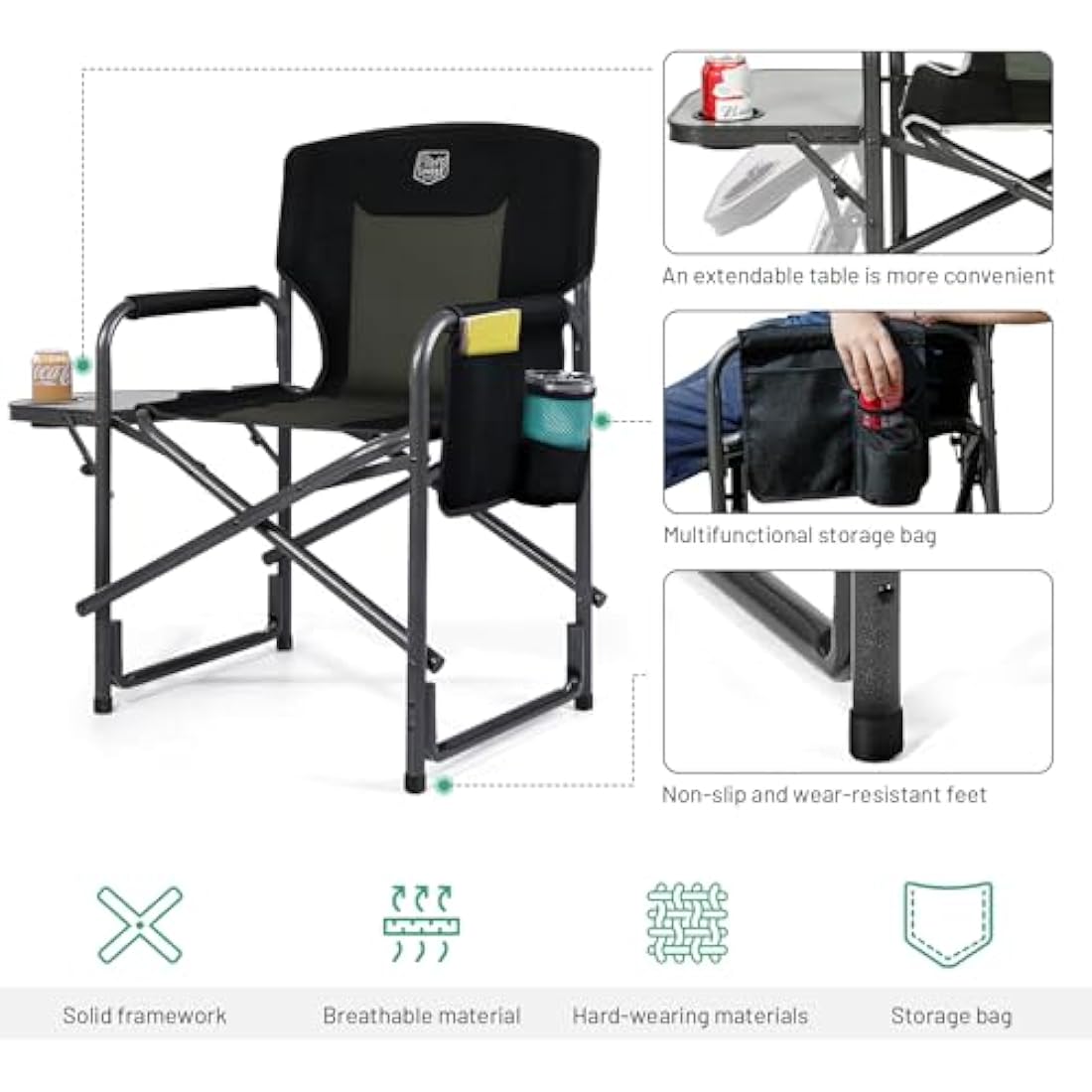 Timber Ridge Heavy Duty Folding Directors Chair with Side Table – 180kg