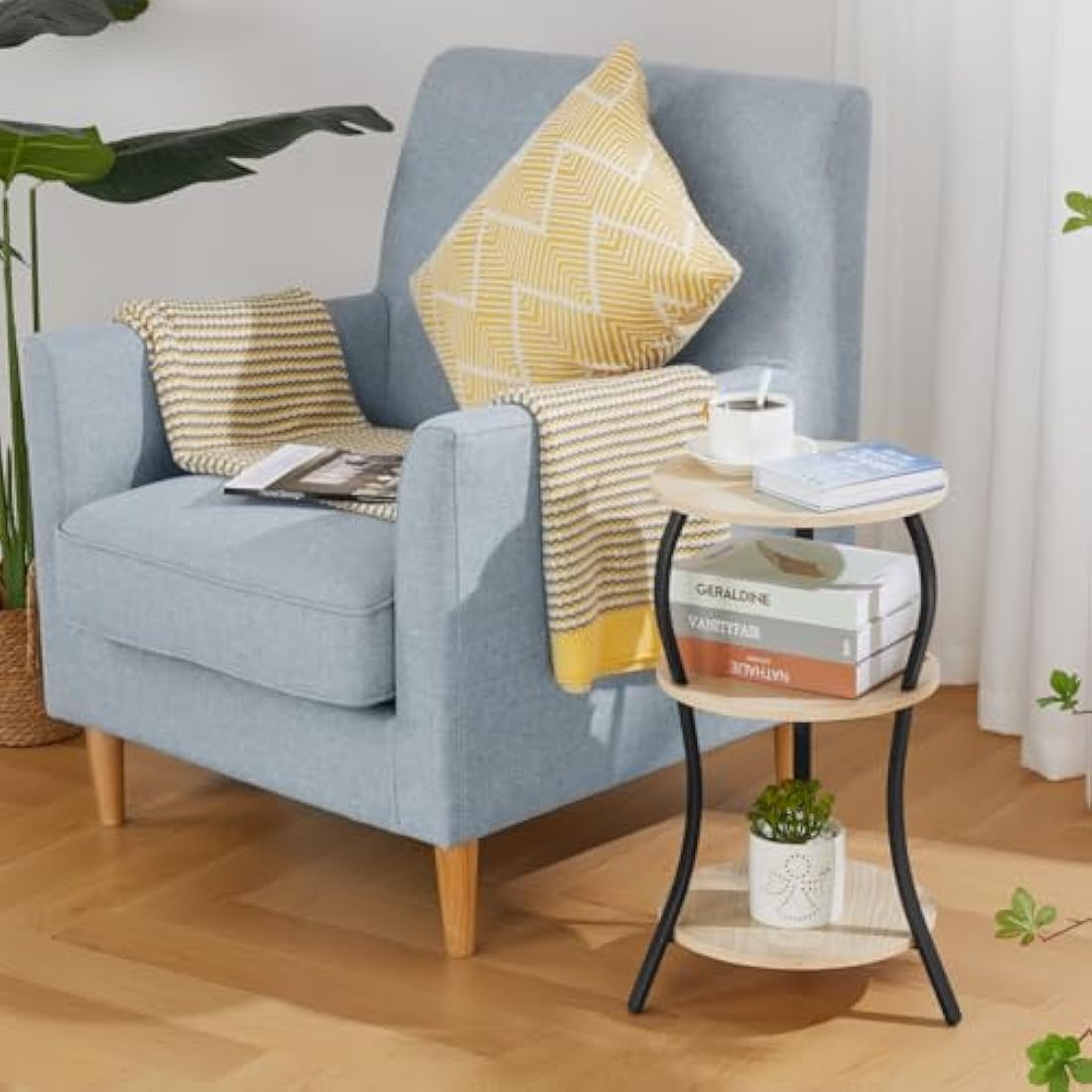 3-Tier Round Side Table – Industrial Wood & Metal End Table