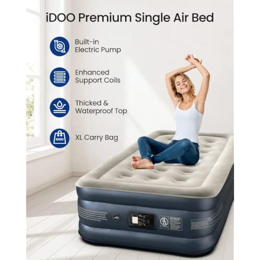 iDOO Single Air Bed | Inflatable Mattress with Built-in Pump | 188x99x38cm