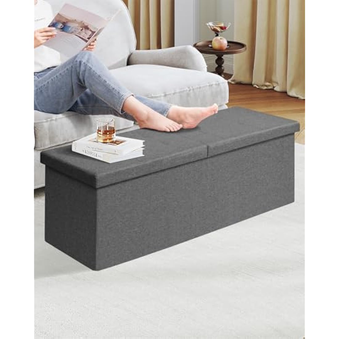 Bonlife Extra Large Folding Storage Ottoman | Grey Linen Bench Trunk