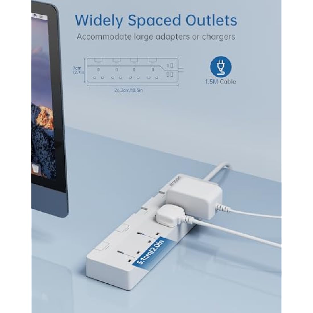 AICODE 4-Way Extension Lead with USB-C | 1.5M Surge Protected Power Strip