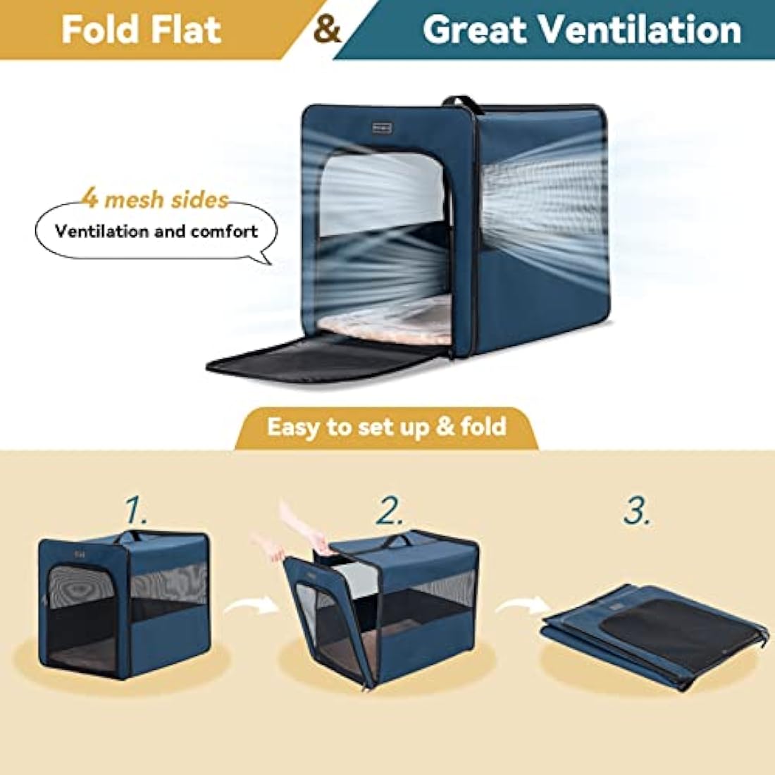 Petsfit Foldable Dog Travel Crate - Lightweight Soft-Sided Kennel, Blue