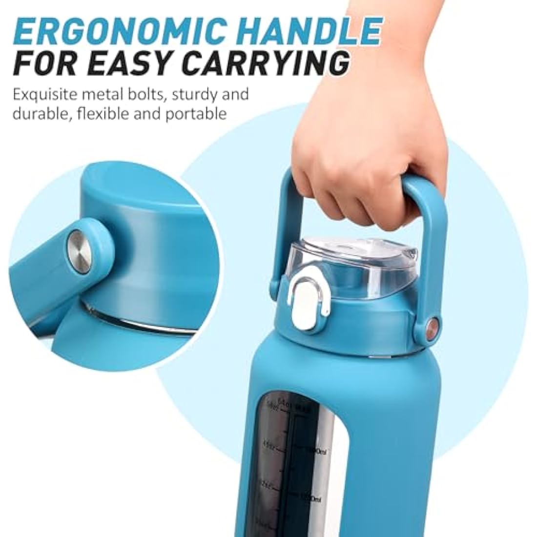 HYDRAGLAZIC 2L Glass Water Bottle | 2 Lids & Silicone Sleeve - Blue
