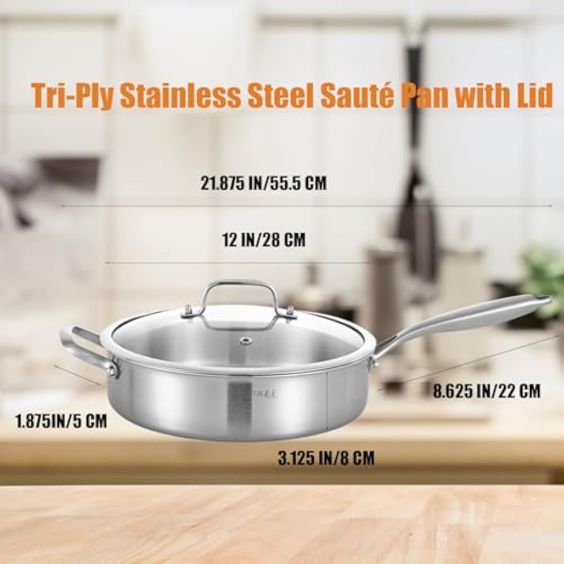 Inqibee 28cm Tri-Ply Stainless Steel Sauté Pan with Lid | Induction Safe