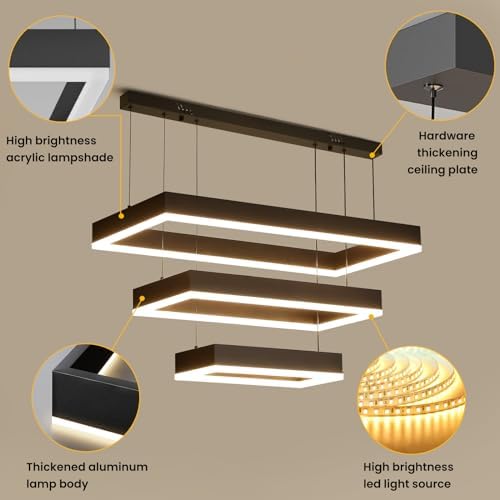 Mikeru 3-Ring Rectangular LED Pendant Light – Dimmable Black Chandelier