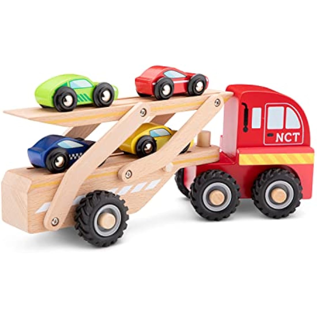 New Classic Toys Wooden Car Transporter - Montessori Toy with 4 Cars