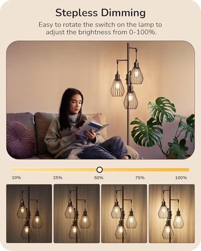 EDISHINE Industrial Dimmable Floor Lamp | 3-Light Tree Standing Lamp