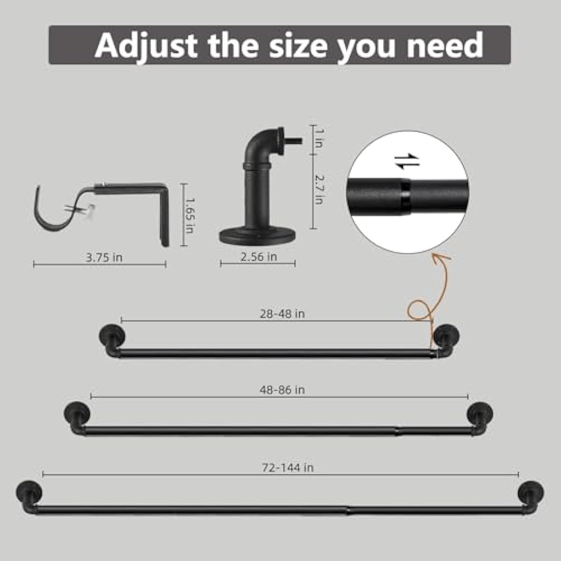 ZUOFENG Industrial Black Curtain Pole – Extendable 80–218cm Metal Rod