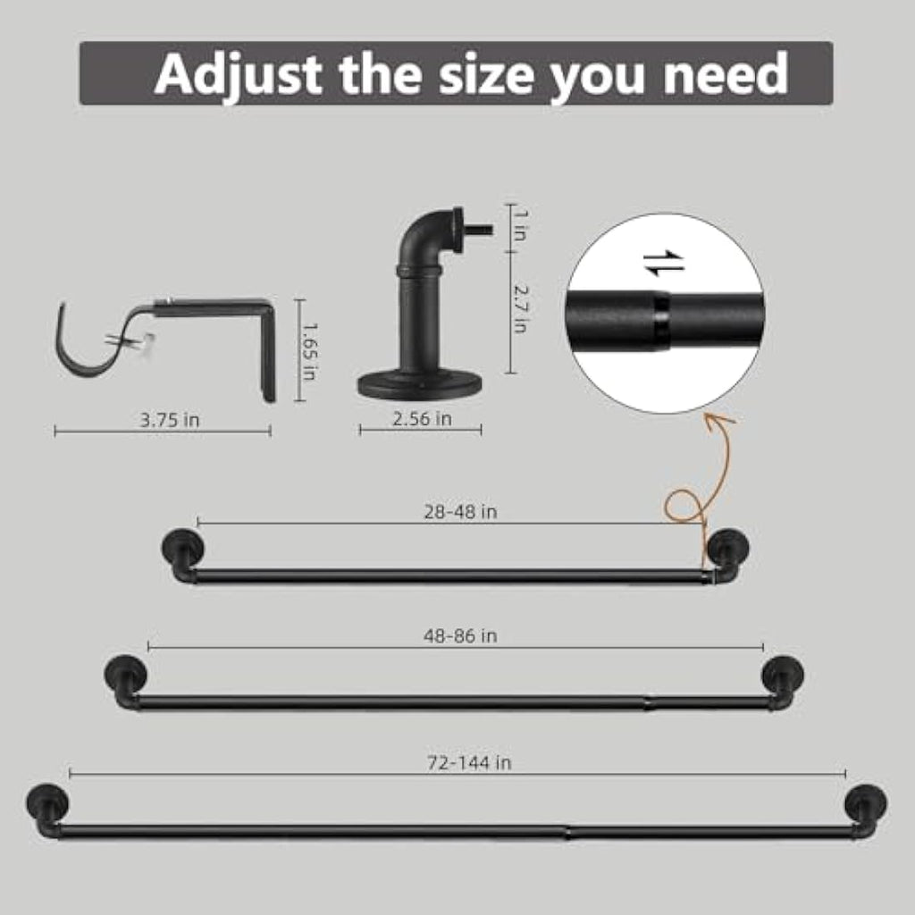 Industrial Black Curtain Poles – 3 Pack Heavy Duty Metal Rods