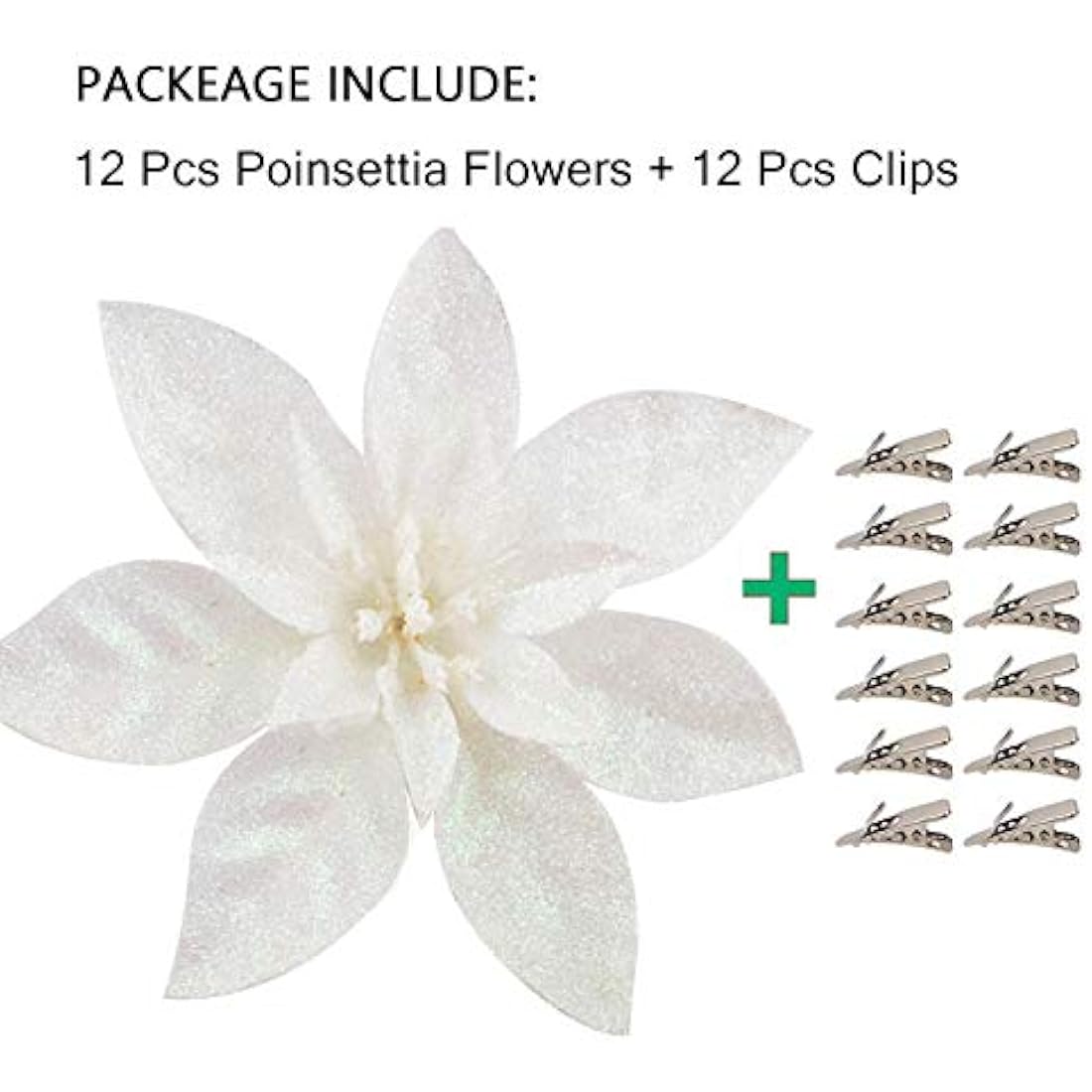 Jolof Store 12 Pcs White Glitter Poinsettia Christmas Tree Flowers