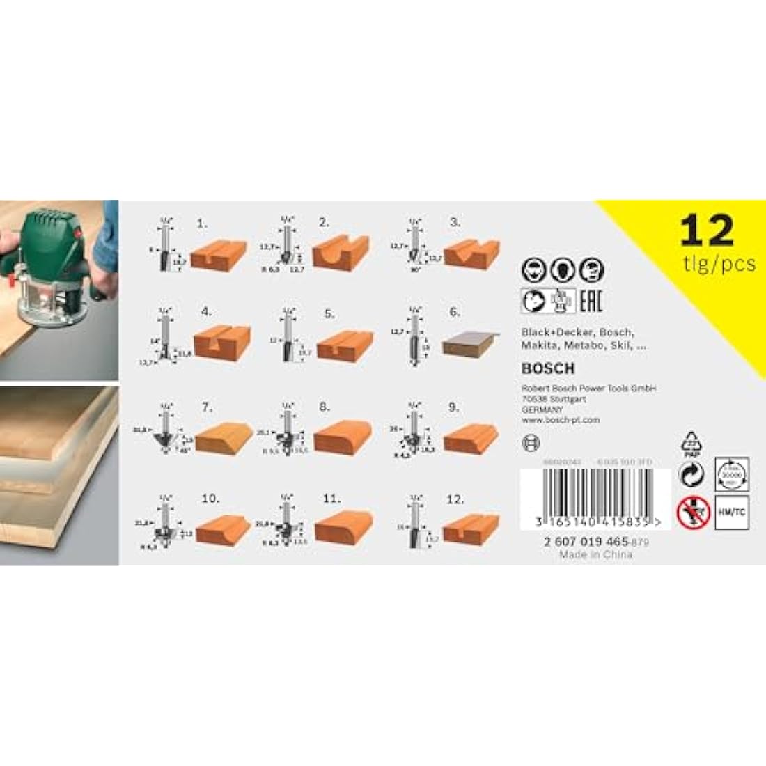 Bosch 12-Piece Router Bit Set | 1/4" Shank Carbide Woodworking Cutters