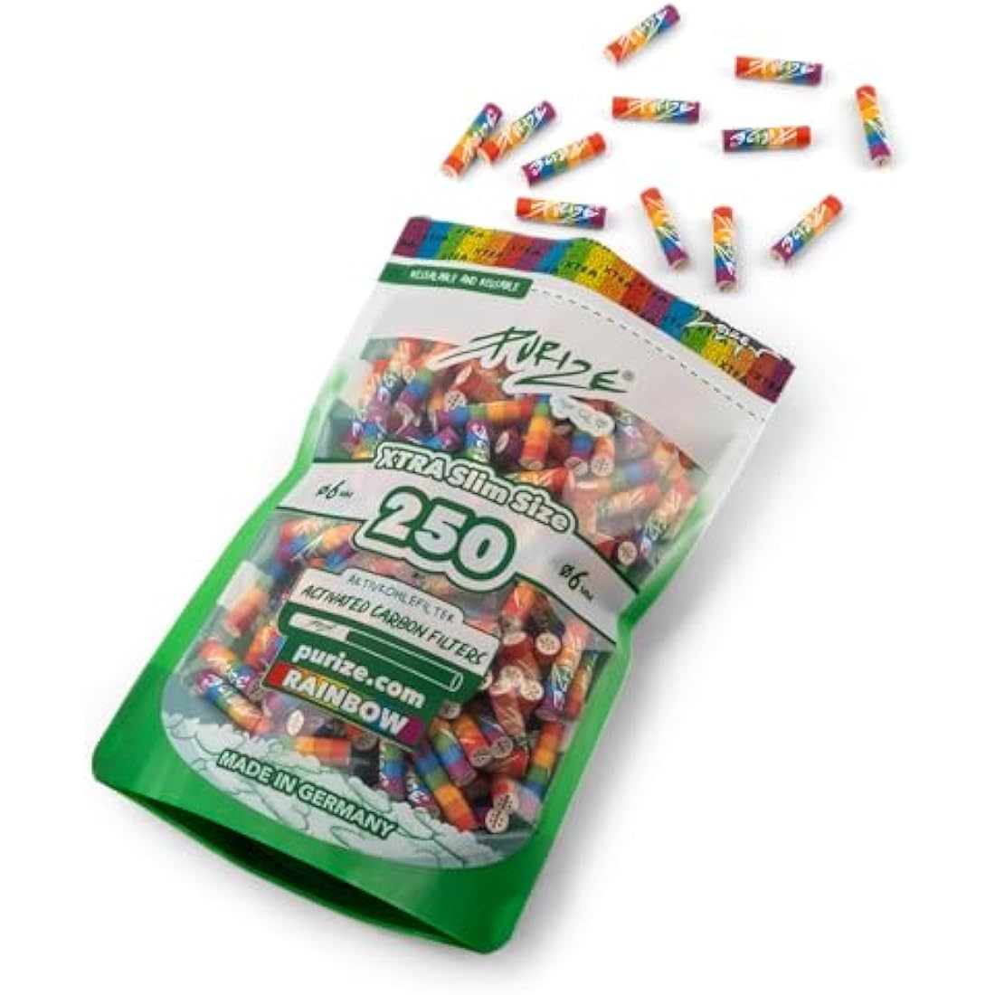 Purize Xtra Slim Activated Charcoal Filter Tips - Rainbow (250 Pack)