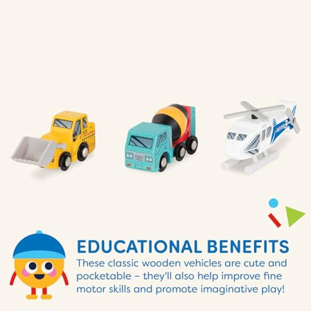 Battat Wooden Toy Vehicles - 6 Piece Rescue & Construction Set for Kids