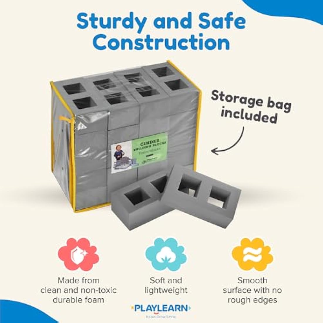 Playlearn Foam Breeze Block Construction Bricks for Kids, Grey - 20 Pack