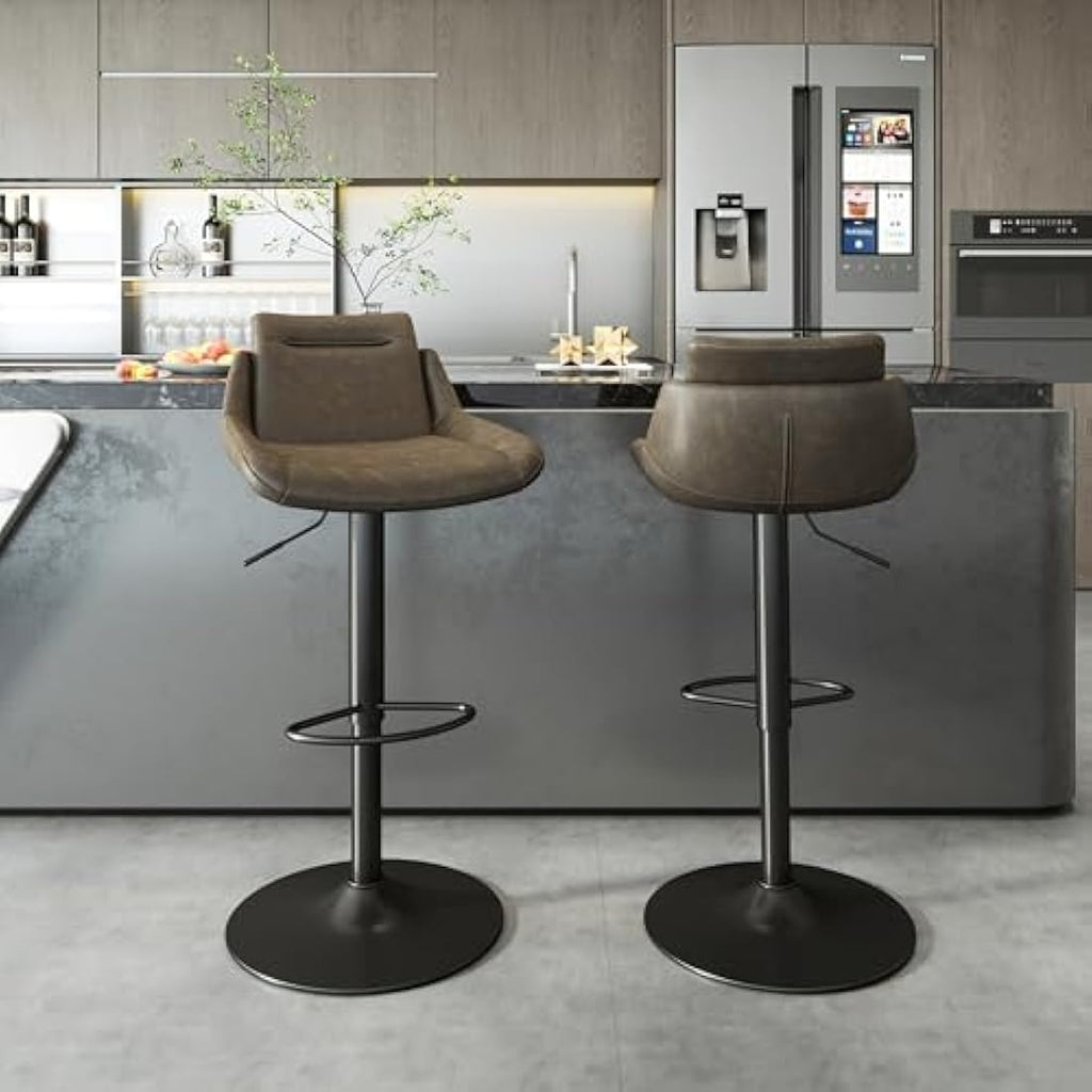 Jolof Store Bar Stools Set of 2 – Brown Swivel PU Leather Kitchen Chairs