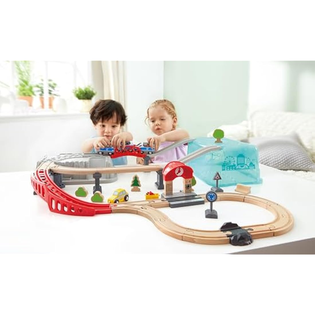 Hape City Railway Wooden Train Set with Storage Box - Ages 3 and Up