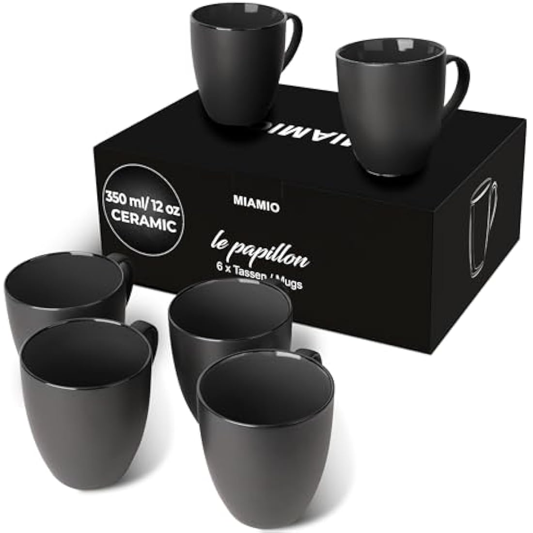 MIAMIO Stoneware Coffee Mug Set - 6 Piece Matte Black Ceramic Cups