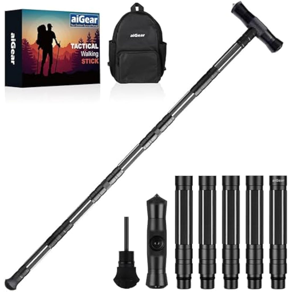 aiGear Tactical Trekking Poles | Adjustable Aluminum Hiking Stick - Black