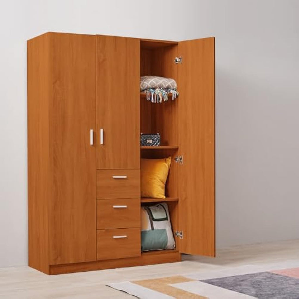 Modern Solid Pine Wood 3 Door Wardrobe with Hanging Rail – Oak