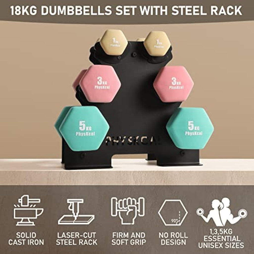 PhysKcal 18kg Dumbbells Set with Steel Rack | Neoprene Hand Weights