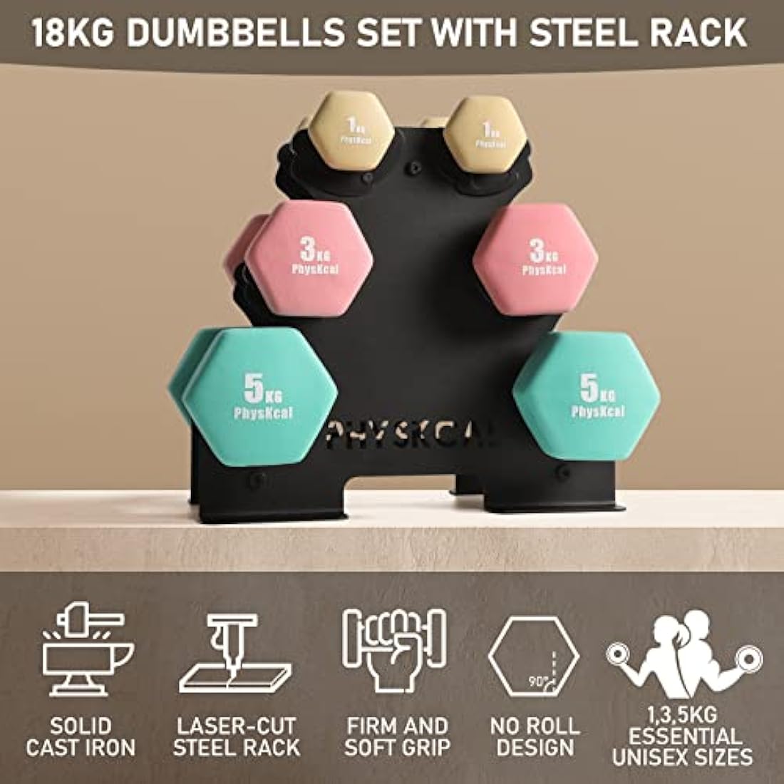 PhysKcal 18kg Dumbbells Set with Steel Rack | Neoprene Hand Weights