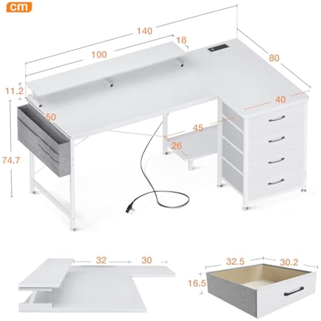 ODK L-Shaped Corner Desk with Drawers, Power Outlets & Monitor Stand - White