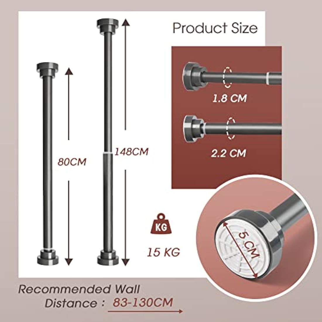Stainless Steel Tension Rod | 83-130cm No-Drill Shower Pole