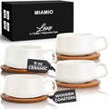 MIAMIO Ceramic Coffee Cup Set with Bamboo Saucers - 320ml Luxe White, 4pc