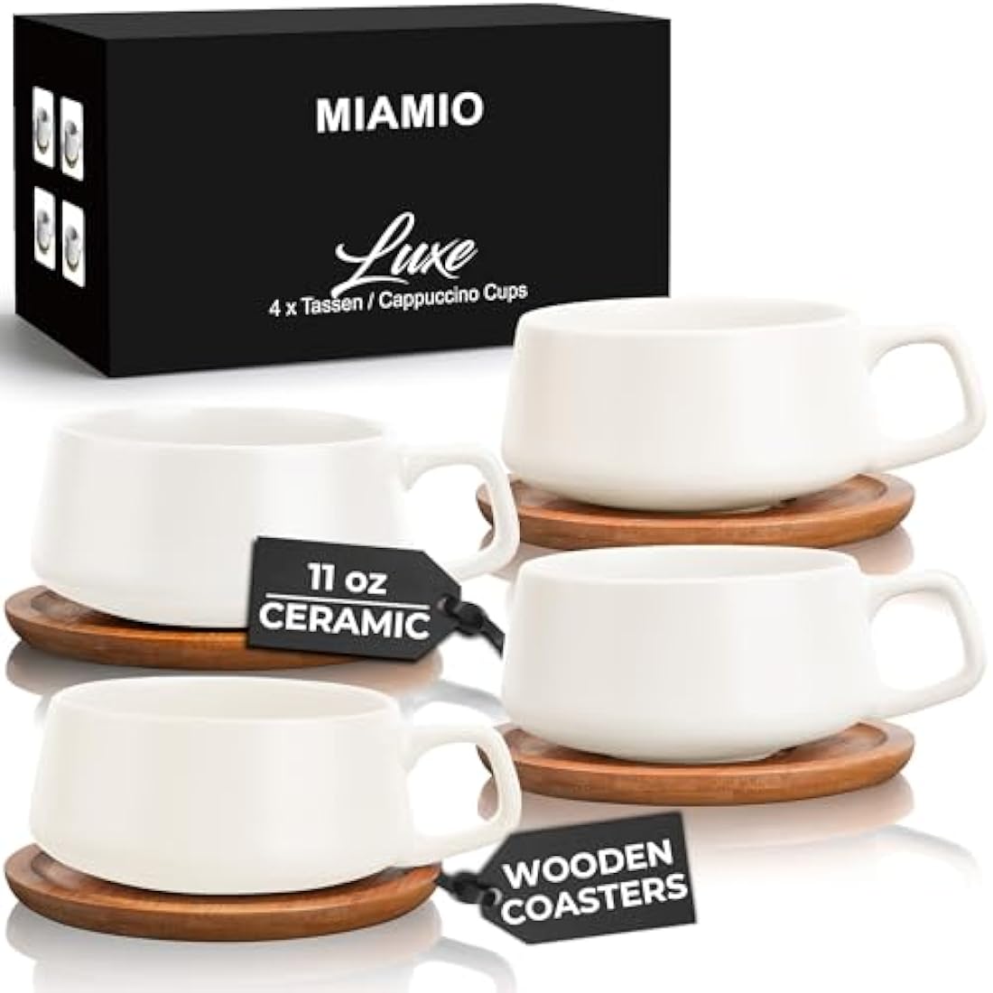 MIAMIO Ceramic Coffee Cup Set with Bamboo Saucers - 320ml Luxe White, 4pc