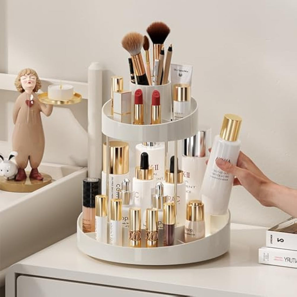 360° Rotating Makeup Organiser | 2-Tier Beige Cosmetic Rack