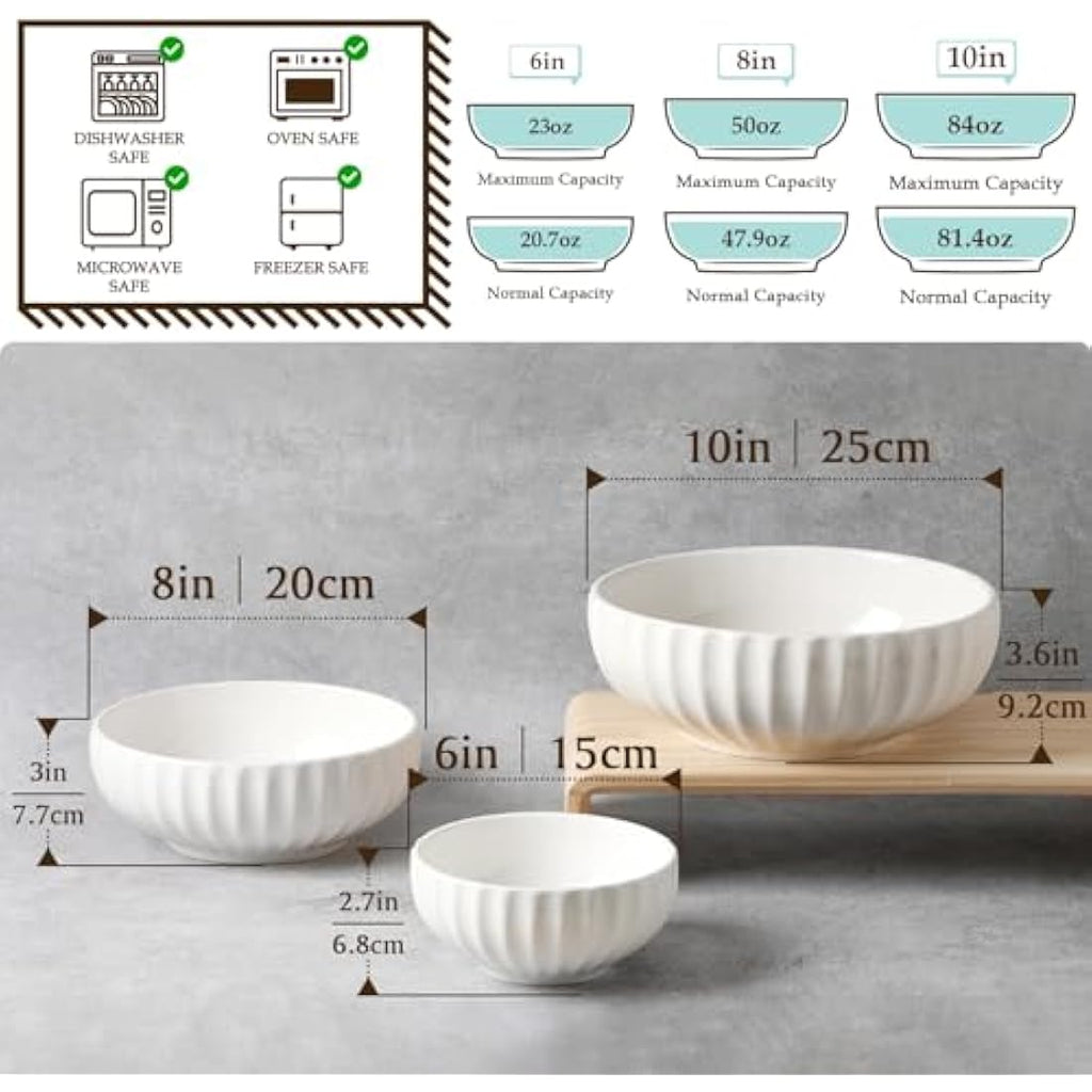 NUTRIUPS Porcelain Nesting Serving Bowls | Set of 3 Ribbed Stackable Bowls