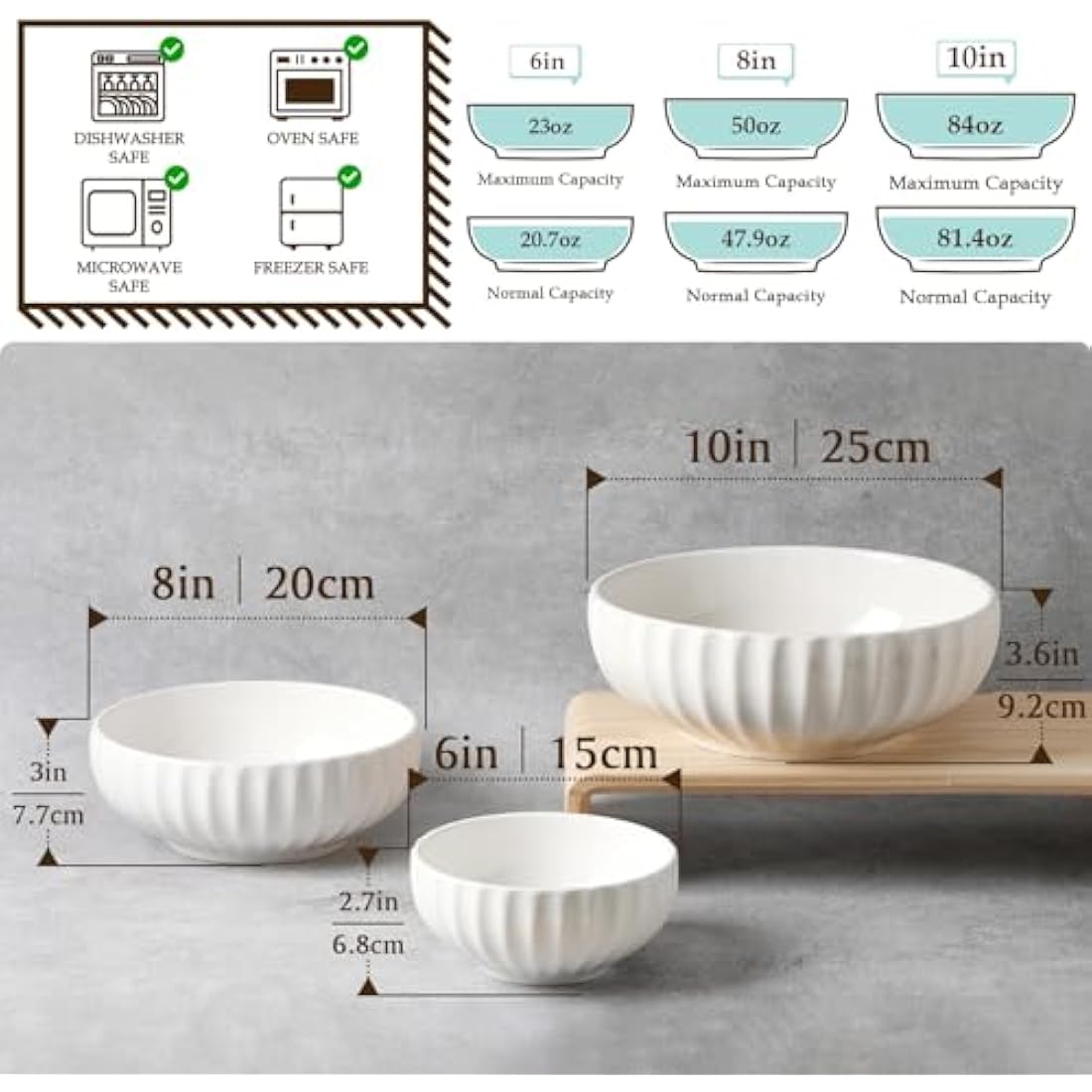 NUTRIUPS Porcelain Nesting Serving Bowls | Set of 3 Ribbed Stackable Bowls