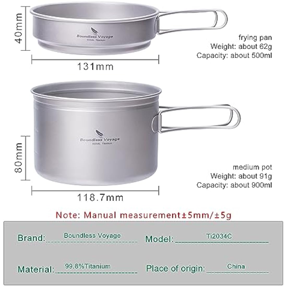 iBasingo Titanium Camping Cookware Set | Ultralight 3-in-1 Backpacking Pots