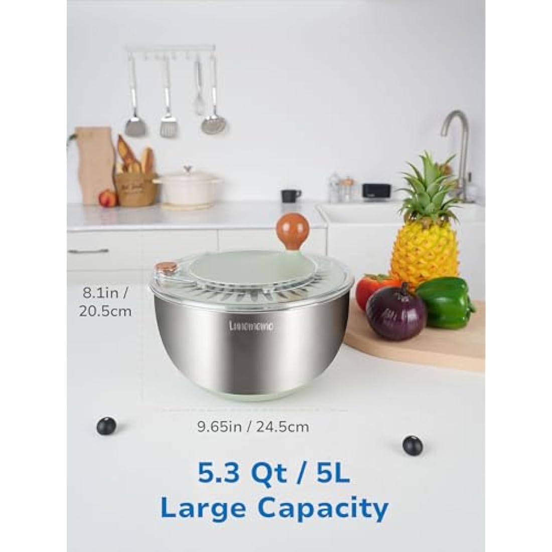 Lunememo Stainless Steel Salad Spinner – 5L Large Lettuce Dryer Bowl