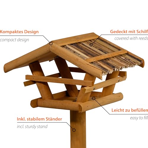 dobar FSC Wooden Bird Feeder with Stand – Reed Roof Weatherproof Villa