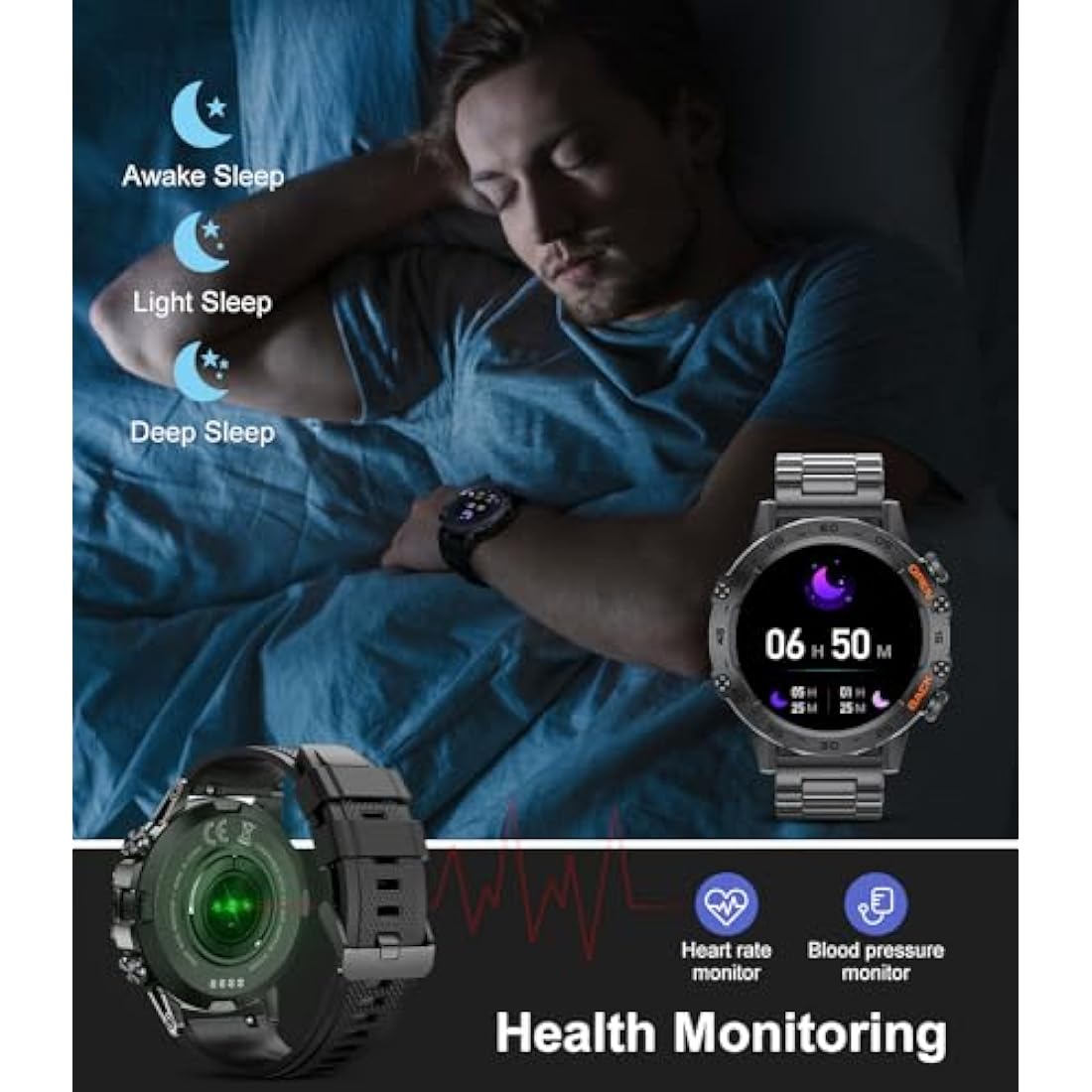 FEELNEVER Military Smart Watch for Men | Tactical Fitness Tracker - Black