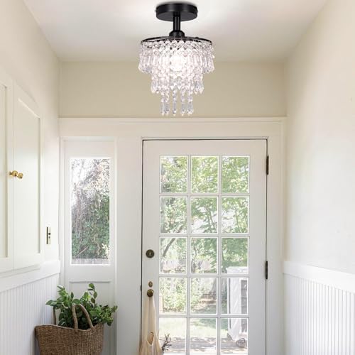 FRIXCHUR Mini Crystal Chandelier – 3-Tier Black Flush Mount Ceiling Light