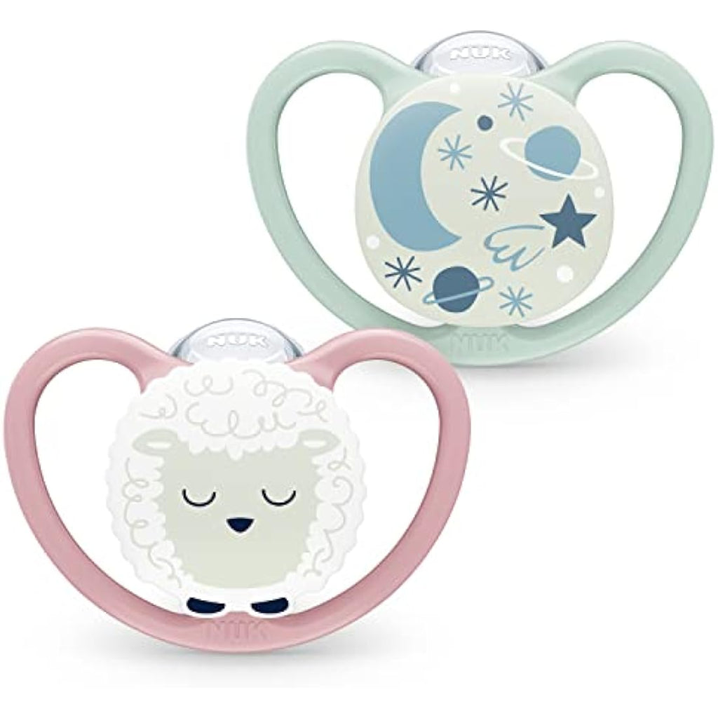 NUK Space Night Glow-in-The-Dark Baby Soothers, 6-18 Months, 2 Pack