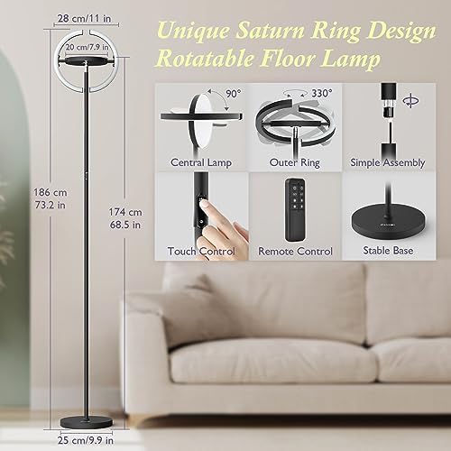 FIMEI LED Floor Lamp - Modern Saturn Ring Dimmable Uplighter with Remote